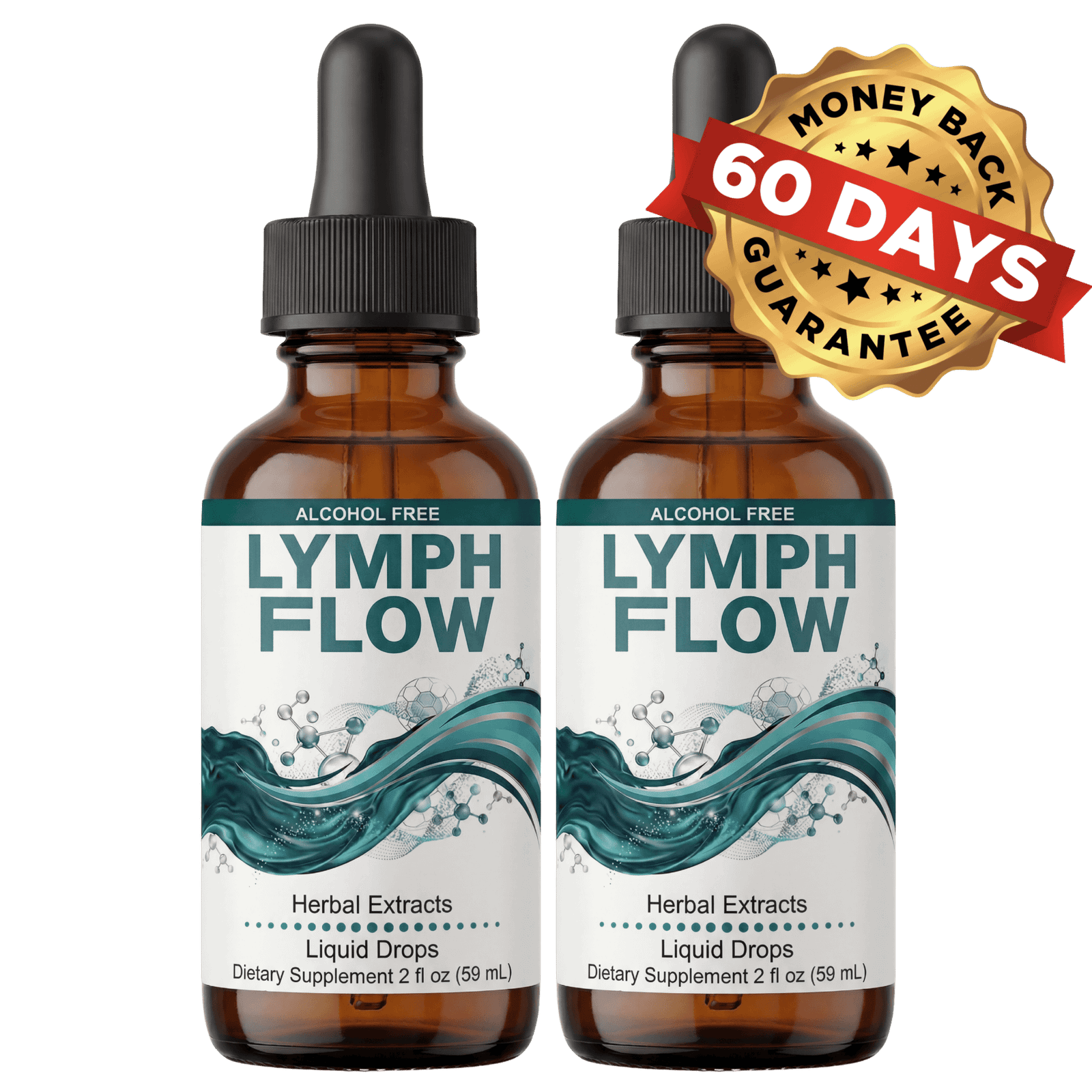 Lymph Flow bottles showing the seller-advertised 60-day money-back guarantee badge