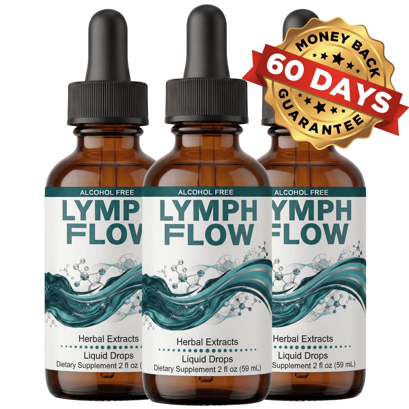 Three bottles of Lymph Flow with 60-day guarantee badge